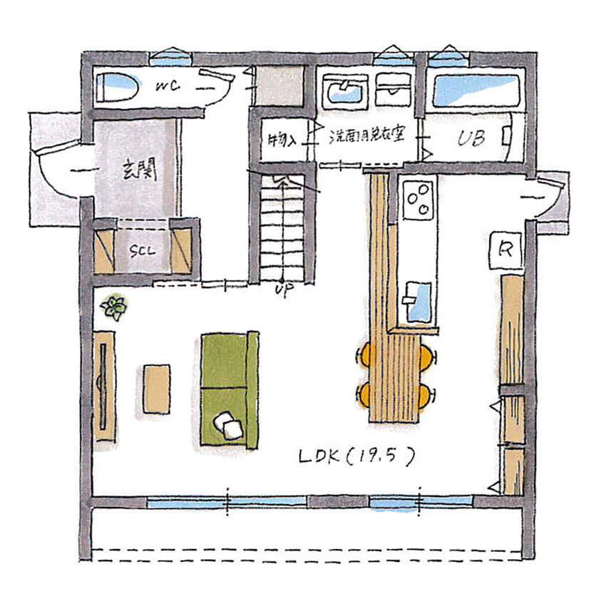 シンプルハウス 【1500万円以下/30坪台/シンプルモダン/間取り図】青空に映えるモスグリーンの家/1000万円台/ローコストの間取り図（3LDK）１階