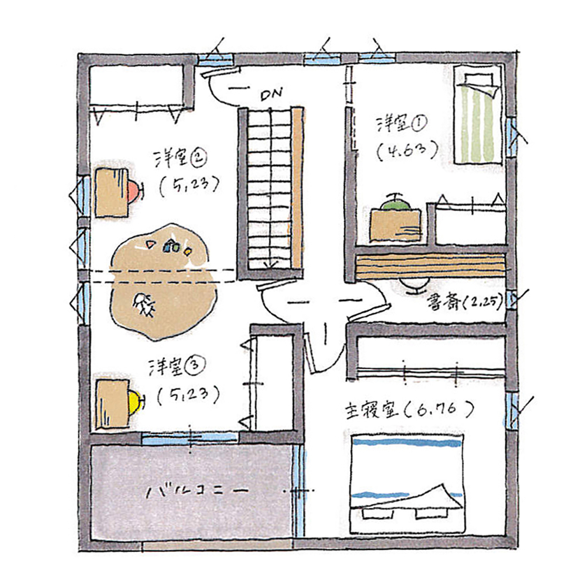 シンプルハウス 【1500万円以下/30坪台/シンプルモダン/間取り図】青空に映えるモスグリーンの家/1000万円台/ローコストの間取り図（3LDK）２階