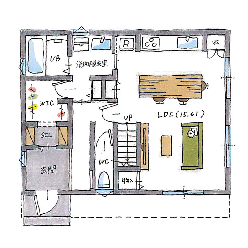 シンプルハウス 【1500万円以下/延床30坪以下/間取り図】緑が映えるおしゃれな外観。カフェ風キッチンと吹抜けリビングの家の間取り図（3LDK）１階