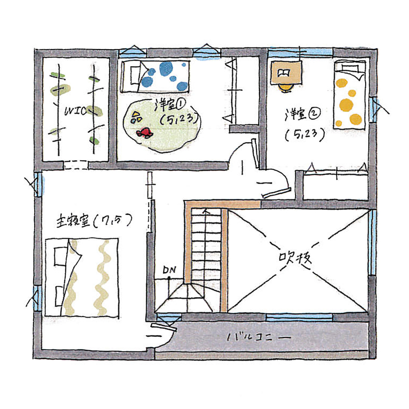 シンプルハウス 【1500万円以下/延床30坪以下/間取り図】緑が映えるおしゃれな外観。カフェ風キッチンと吹抜けリビングの家の間取り図（3LDK）２階