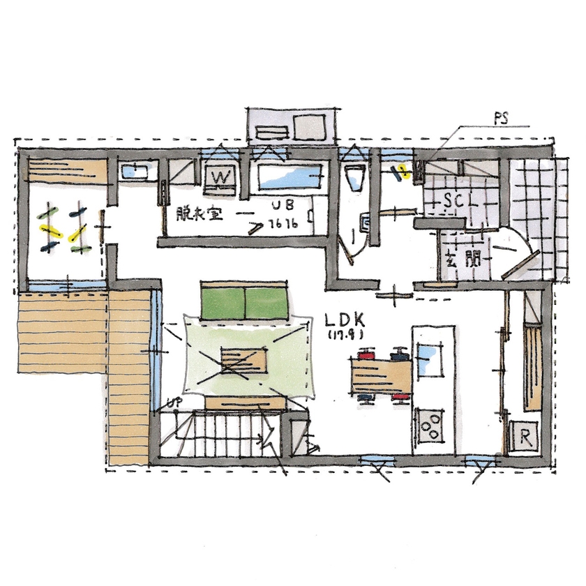シンプルハウス 【1000万円台/延床面積30坪台/家事ラクの間取り】おしゃれな階段のあるシンプルな三角屋根の外観の家の間取り図（3LDK）１階