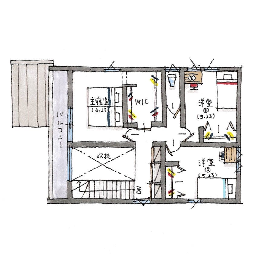 シンプルハウス 【1000万円台/延床面積30坪台/家事ラクの間取り】おしゃれな階段のあるシンプルな三角屋根の外観の家の間取り図（3LDK）２階