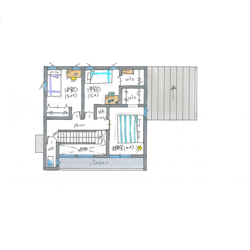 シンプルハウス 【1600万円台/延床30坪台/間取り図有】家族がくつろげる、インダストリアルな土間リビングのある住まいの間取り図（3LDK）2階