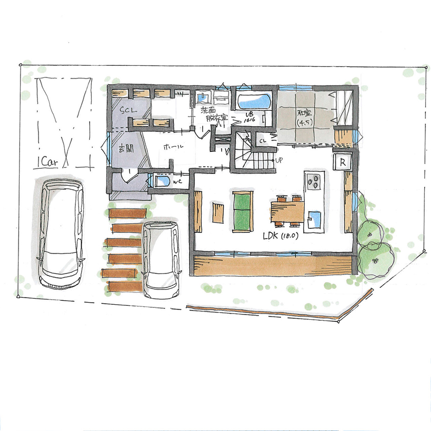 シンプルハウス 【2100万円台/延床30坪台/間取り図有】おうちバーが楽しめる、温もりあふれる住まいの間取り図（4LDK＋納戸）1階