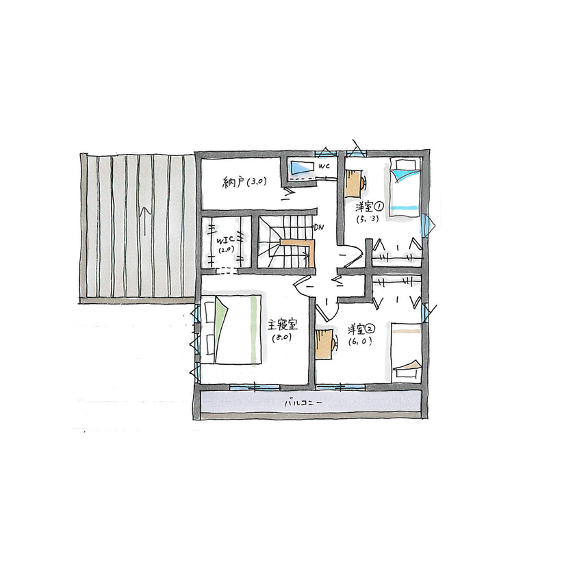 シンプルハウス 【2100万円台/延床30坪台/間取り図有】おうちバーが楽しめる、温もりあふれる住まいの間取り図（4LDK＋納戸）2階