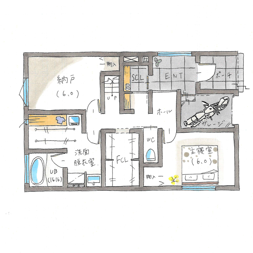 シンプルハウス 【2200万円台/延床30坪台/間取り図有】2階リビング×大きなインナーバルコニーのある、ホテルライクな家の間取り図（2LDK＋納戸）1階