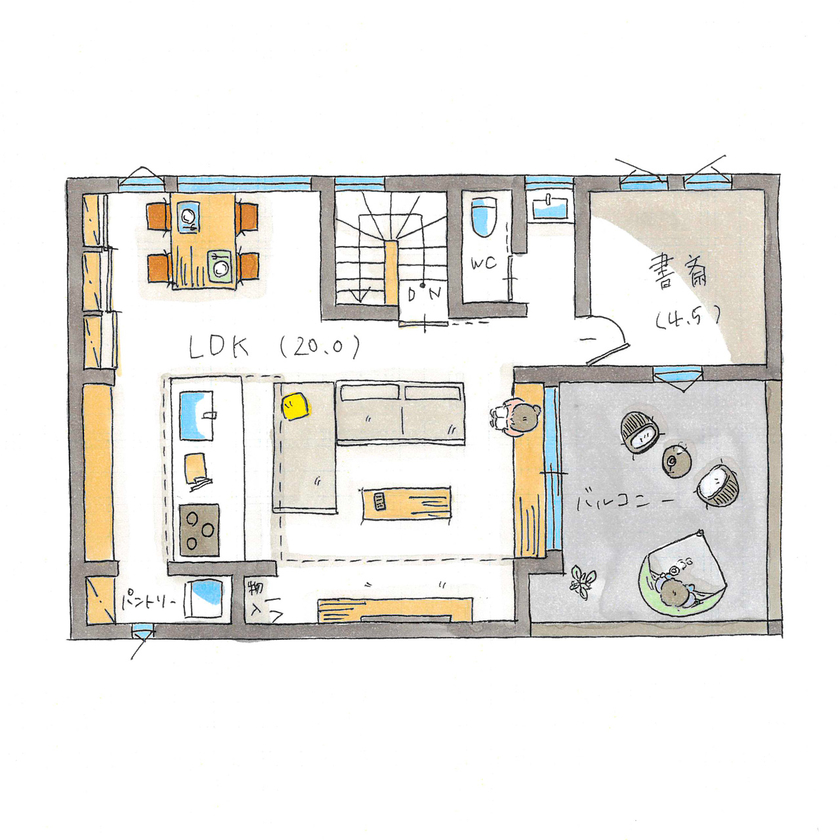 シンプルハウス 【2200万円台/延床30坪台/間取り図有】2階リビング×大きなインナーバルコニーのある、ホテルライクな家の間取り図（2LDK＋納戸）2階