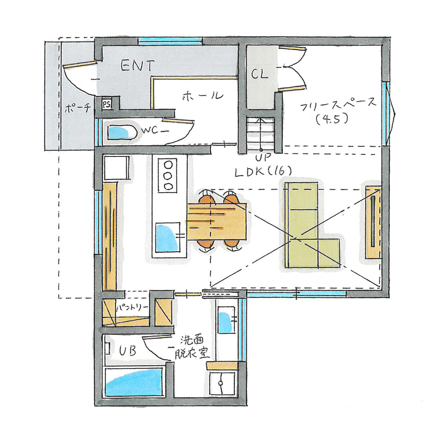 シンプルハウス 【2000万円台/延床30坪以下/間取り図有】柔らかなツートーンの配色でまとめた、片流れ屋根のシンプルな家の間取り図（2LDK＋納戸（趣味室））1階