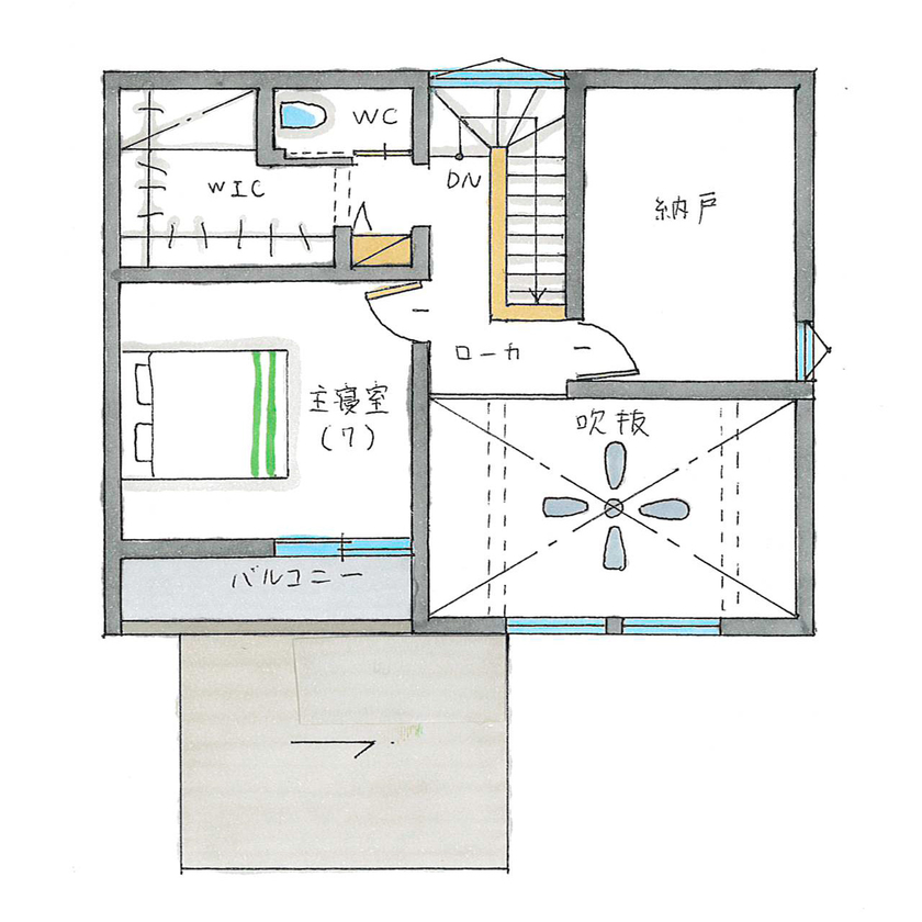 シンプルハウス 【2000万円台/延床30坪以下/間取り図有】柔らかなツートーンの配色でまとめた、片流れ屋根のシンプルな家の間取り図（2LDK＋納戸（趣味室））2階