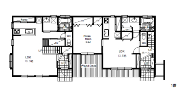 一級建築士事務所　ホームスタイリング 【3000万円台/間取り図有/テクノストラクチャー】吹抜けが家族をつなぐ、照明計画と植栽が美しい３世帯住宅の間取り図null1階