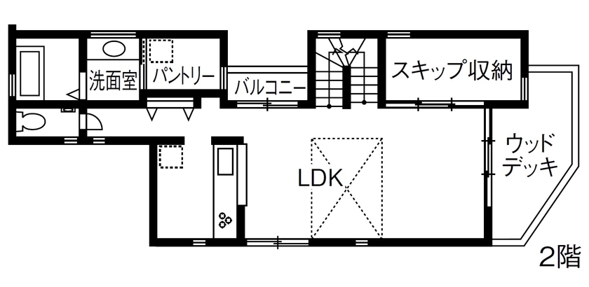 一級建築士事務所　ホームスタイリング 【2000万円台/32坪/間取り図有/スキップフロア】狭い土地でも中庭や吹抜けを実現。開放的に暮らせる住まいの間取り図（3LDK）２階