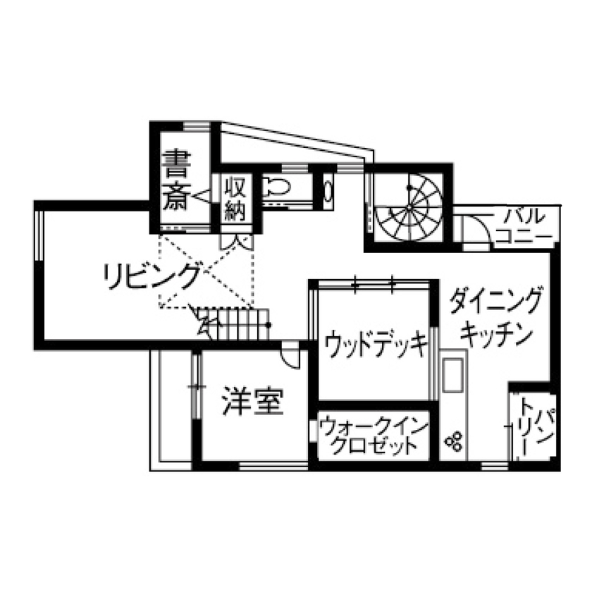 一級建築士事務所　ホームスタイリング 【2000万円台/36坪/間取り有/ロフト】2階の中庭から風と光を取り込む、こだわりのビルトインガレージハウスの間取り図（3LDK）2階