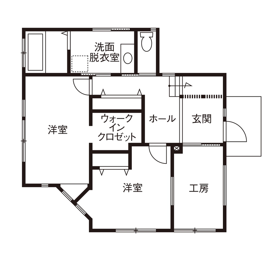 一級建築士事務所　ホームスタイリング 【33坪/間取り/2階リビング/ルーフバルコニー/ロフト】自然と海を一望できるリゾートホテルのような住まいの間取り図（4LDK）1階