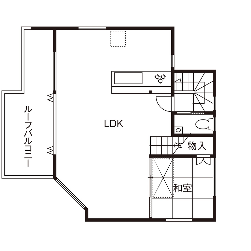一級建築士事務所　ホームスタイリング 【33坪/間取り/2階リビング/ルーフバルコニー/ロフト】自然と海を一望できるリゾートホテルのような住まいの間取り図（4LDK）2階