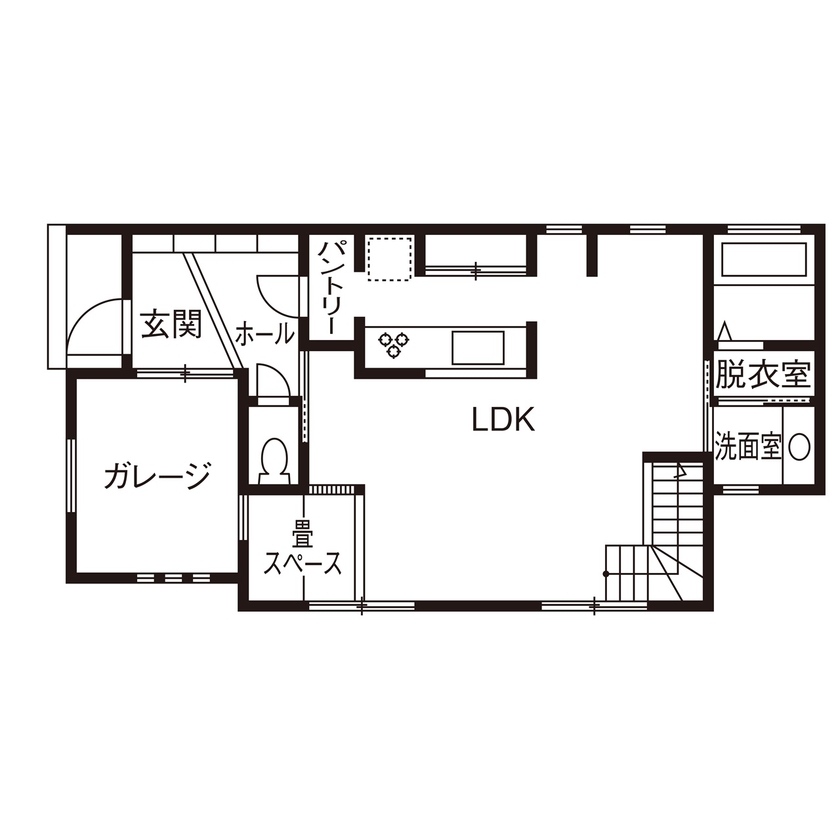 一級建築士事務所　ホームスタイリング 【3000万円台/35坪/間取り/吹き抜け】秘密基地のようなブルックリンテイストのビルトインガレージハウスの間取り図（3LDK）1階