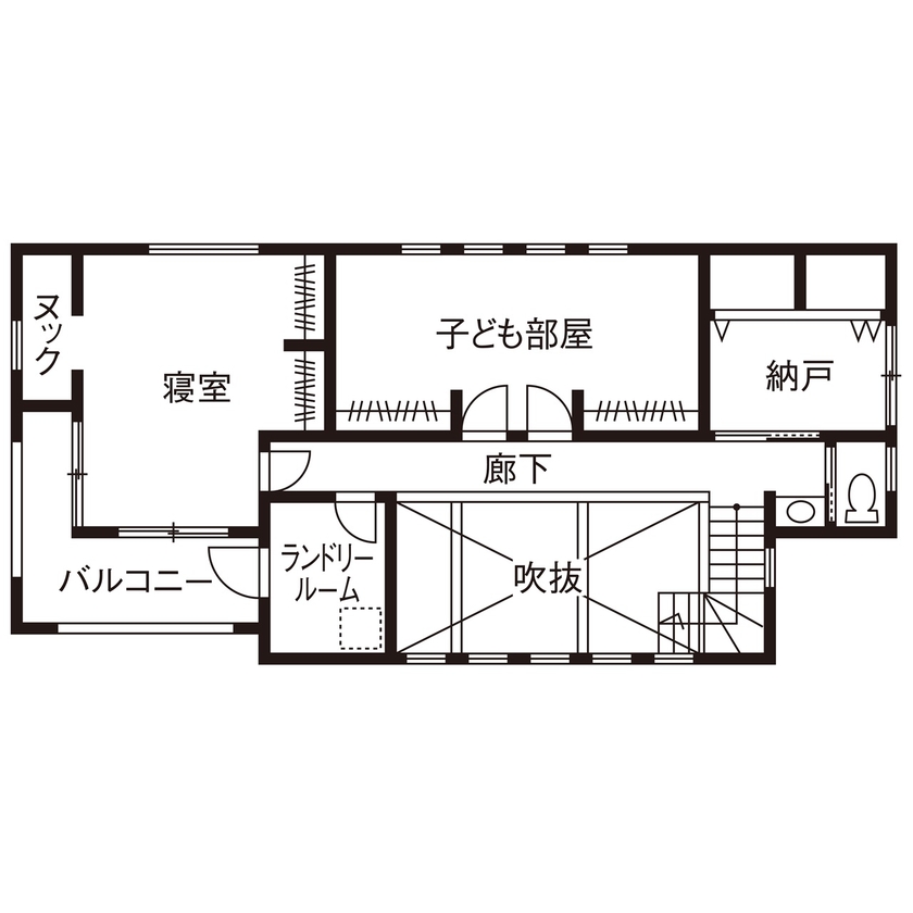 一級建築士事務所　ホームスタイリング 【3000万円台/35坪/間取り/吹き抜け】秘密基地のようなブルックリンテイストのビルトインガレージハウスの間取り図（3LDK）2階