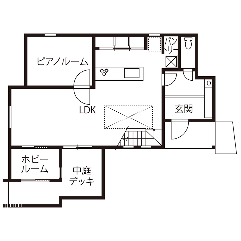 一級建築士事務所　ホームスタイリング 【4000万円台/36.6坪/間取り/吹き抜け/中庭/防音】みんなが趣味を楽しむシンプルモダンなホテルライクな家の間取り図（5LDK）1階