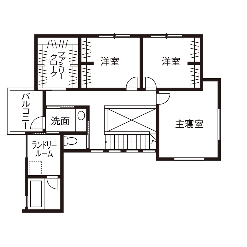 一級建築士事務所　ホームスタイリング 【4000万円台/36.6坪/間取り/吹き抜け/中庭/防音】みんなが趣味を楽しむシンプルモダンなホテルライクな家の間取り図（5LDK）2階