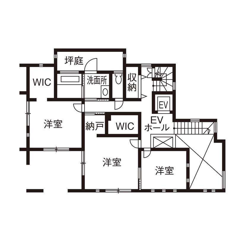 一級建築士事務所　ホームスタイリング 【51坪/間取り図有/2階リビング/吹き抜け】どこにいても明るく開放的。シンプルモダンなバリアフリーハウスの間取り図（4LDK）1階