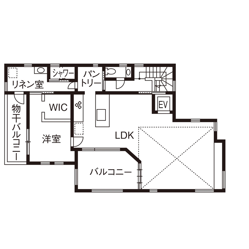 一級建築士事務所　ホームスタイリング 【51坪/間取り図有/2階リビング/吹き抜け】どこにいても明るく開放的。シンプルモダンなバリアフリーハウスの間取り図（4LDK）2階