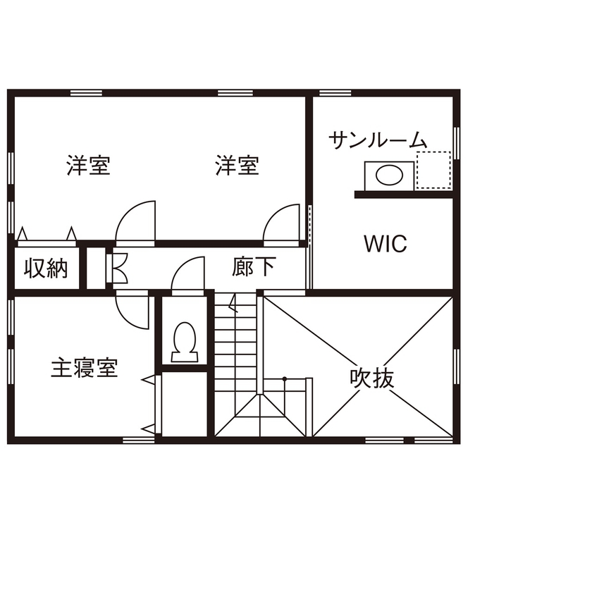 一級建築士事務所　ホームスタイリング 【3000万円台/30.1坪/間取り/吹き抜け/テラス】家族がのびのびと暮らせる、明るく開放的なLDKが中心の家の間取り図（2LDK＋サンルーム）2階