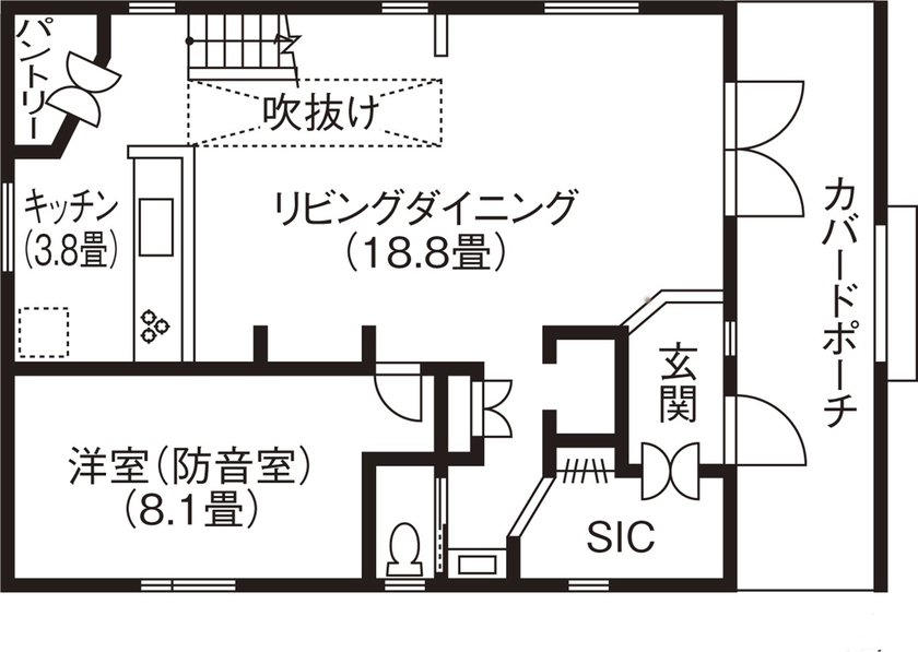 コグマホーム カバードポーチのあるアメリカンな外観が依頼の決め手に。冬でもシャツ1枚で過ごせる快適さにも大満足！の間取り図（4LDK）1階