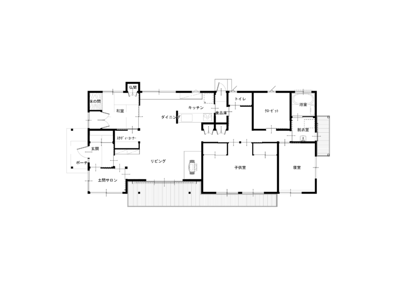 工房信州の家／フォレストコーポレーション 【平屋4LDK＋土間・縁側】伊那谷の暮らしと景色に調和する平屋の家の間取り図（４LDK＋土間）1階