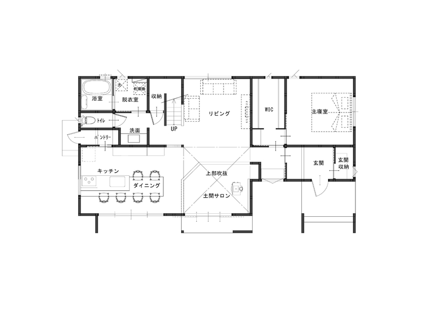 工房信州の家／フォレストコーポレーション 【3LDK・別荘・土間・薪ストーブ】美しい片流れ屋根の家の間取り図（３LDK＋土間サロン）1階
