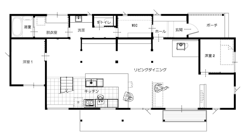 工房信州の家／フォレストコーポレーション 【3LDK・コの字型キッチン・薪ストーブ】陰影を楽しむ、Barのような住まいの間取り図（3LDK＋フリースペース）１階