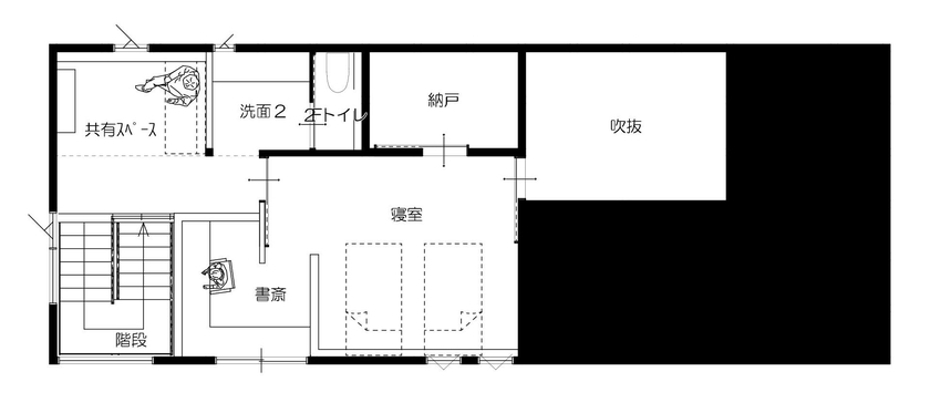 工房信州の家／フォレストコーポレーション 【3LDK・コの字型キッチン・薪ストーブ】陰影を楽しむ、Barのような住まいの間取り図（3LDK＋フリースペース）２階