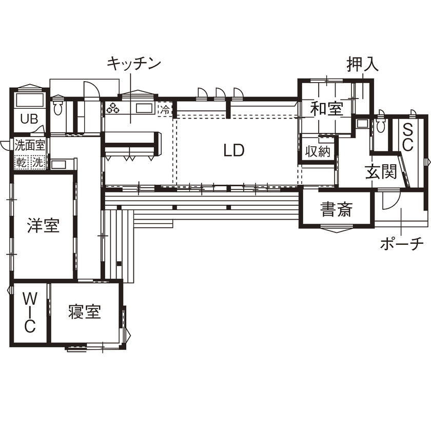 家守 【間取り図有/43坪/3,500～3,999万円/平屋】子どもが走り、柱に成長を刻む。懐かしくも美しい現代の平屋の間取り図（3LDK）１階