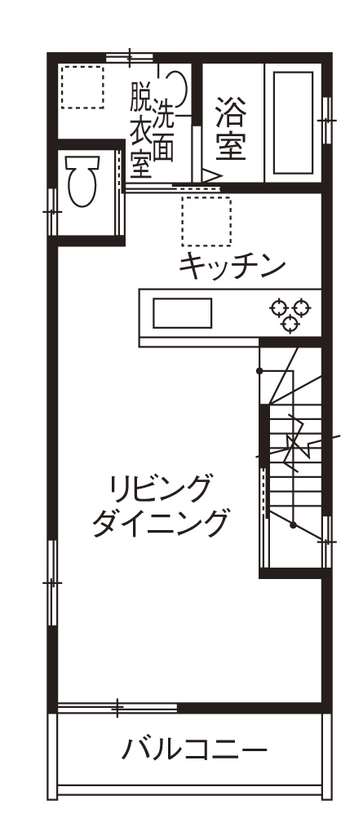 清栄コーポレーション 【京都市内/狭小 ３階建て/1500万円～/間取り図】 敷地をギリギリまで活かした開放的でおしゃれな家の間取り図（3LDK）2階