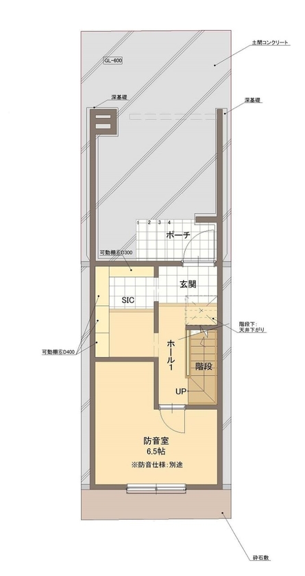 清栄コーポレーション 【京都市・狭小・コンパクト】二間間口でも余裕の住み心地。シンプルモダンな防音スタジオのある家の間取り図（３LDK+２WIC）１階