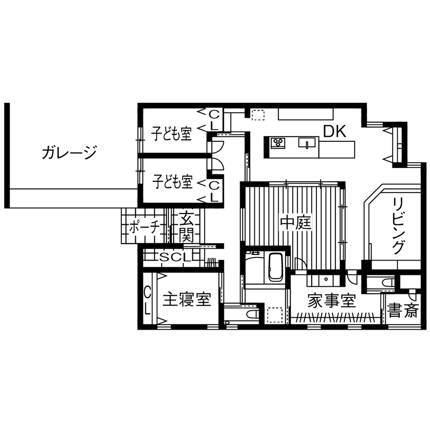 ストークホーム 【平屋×ガレージ×中庭×間取り図有】中庭×回遊動線。ソトに閉じウチに開く、2000万円台で叶えた平屋の間取り図（3LDK＋ガレージ）1階