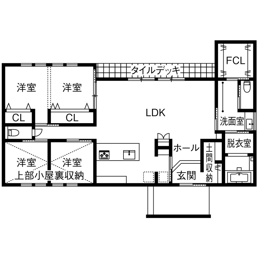 ストークホーム 【平屋×延床30坪台×間取り図有】コンパクトな動線でシンプルに暮らす。白いガルバリウムの平屋の間取り図（4LDK＋小屋裏収納）1階