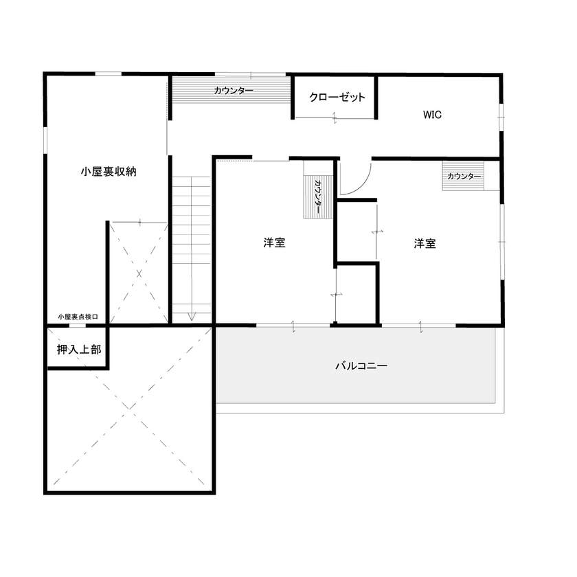 新日本建設 【1階寝室/スキップフロア】土間とリビングが直結！仕切りのない広々空間で、将来は1階だけで暮らせる家の間取り図（4LDK）2階