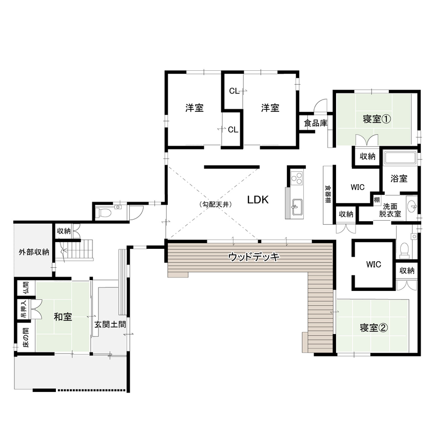 新日本建設 【平屋/中庭/和モダン】愛犬2匹が喜ぶドッグランのような広々とした中庭のある平屋の間取り図null1階