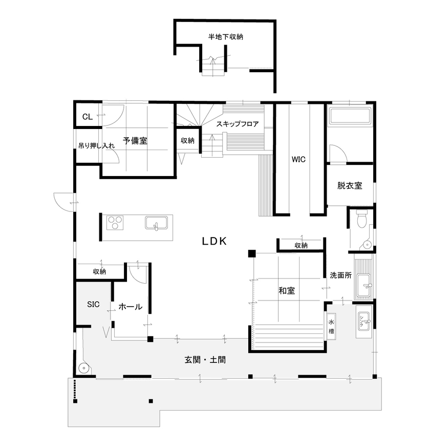新日本建設 【吹き抜け/通り土間/スキップフロア】人がたくさん集まる大空間LDKのある平屋風に暮らせる2階建ての間取り図（4LDK）１階