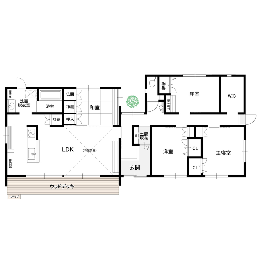 新日本建設 【平屋/和モダン/勾配天井】大きな窓から光をたっぷり取り込んだ開放的で明るい平屋の間取り図null1階