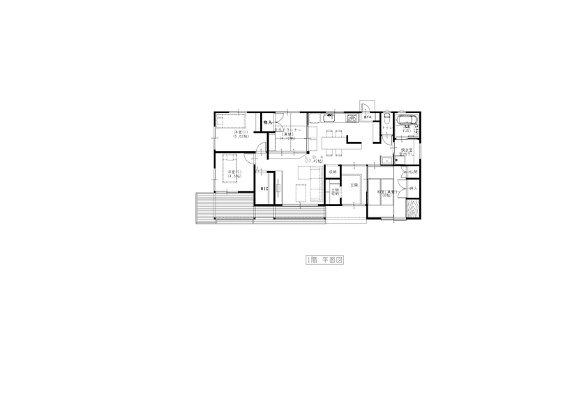 新日本建設 【平屋/勾配天井/ウッドデッキ/ワンフロア】ちょうどいい距離感で暮らせる二人暮らしの和モダンのお家の間取り図（4LDK）１階