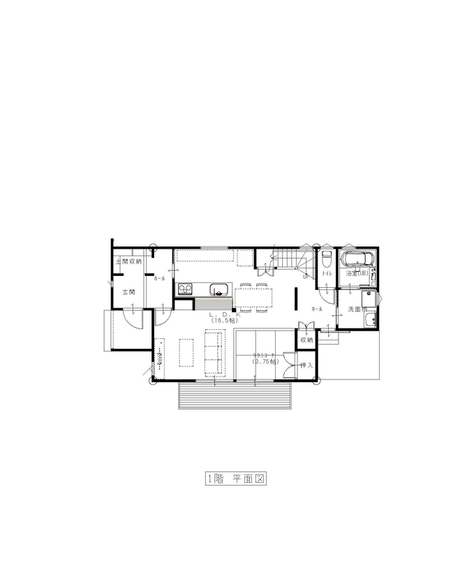 新日本建設 【ナチュラルモダン/グレー/梁現し/子育て世代の家】木×白×グレーのシンプルかつデザイン性のある家の間取り図（3LDK）1階
