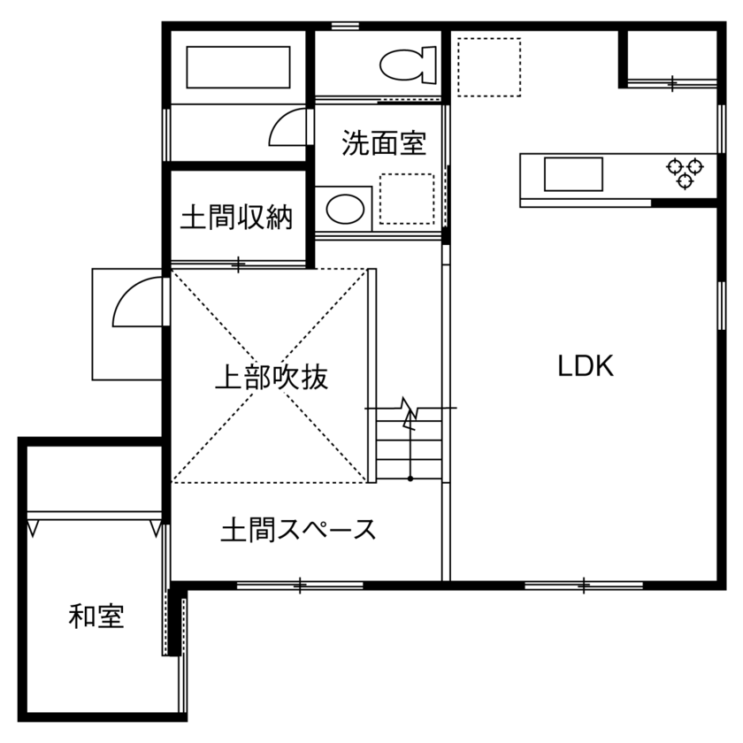 アキュラホーム（AQ Group） 【2000万円台/30.2坪/間取り図有】人が集まる開放的な土間リビング。確かな性能で大空間でも1年中快適にの間取り図（3LDK）1階