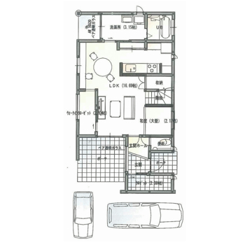 プラネットホーム すっきりスクエアデザインの外観と、ミッドセンチュリーテイストなインテリアが素敵なお家の間取り図null