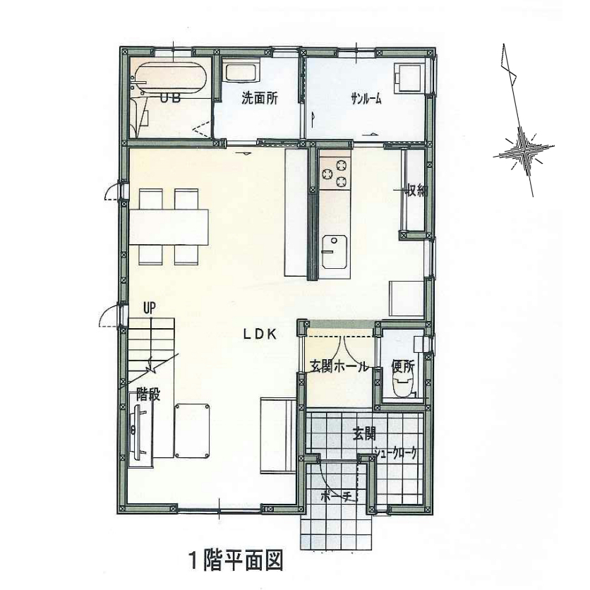 プラネットホーム 吹き抜けの大空間リビングとスケルトン階段が家族をつなぐ、ナチュラルモダンテイストの家の間取り図（3LDK）1階