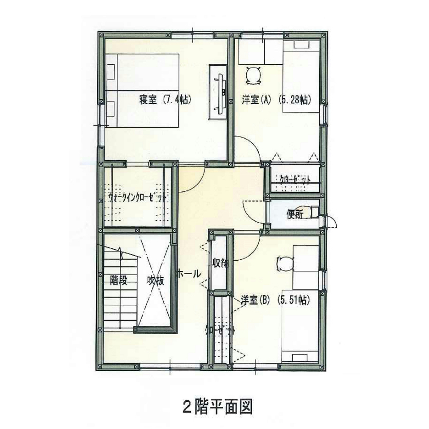 プラネットホーム 吹き抜けの大空間リビングとスケルトン階段が家族をつなぐ、ナチュラルモダンテイストの家の間取り図（3LDK）2階