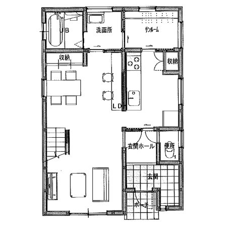 プラネットホーム 【本体価格1,755万円】シックな装いで統一された、上質さを感じる和モダンテイストの家の間取り図（3LDK）1階