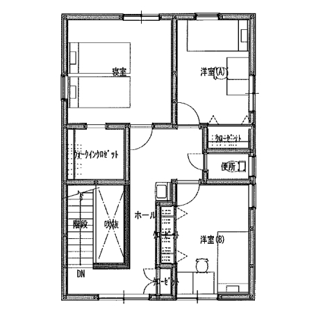 プラネットホーム 【本体価格1,755万円】シックな装いで統一された、上質さを感じる和モダンテイストの家の間取り図（3LDK）2階