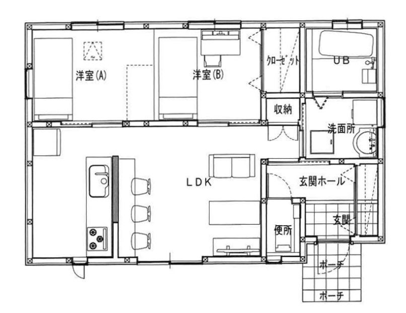 プラネットホーム 使い勝手が良い可変性のある間取りとシンプルなデザイン。長く安心して暮らせる和モダンスタイルの平屋の間取り図（2LDK）1階