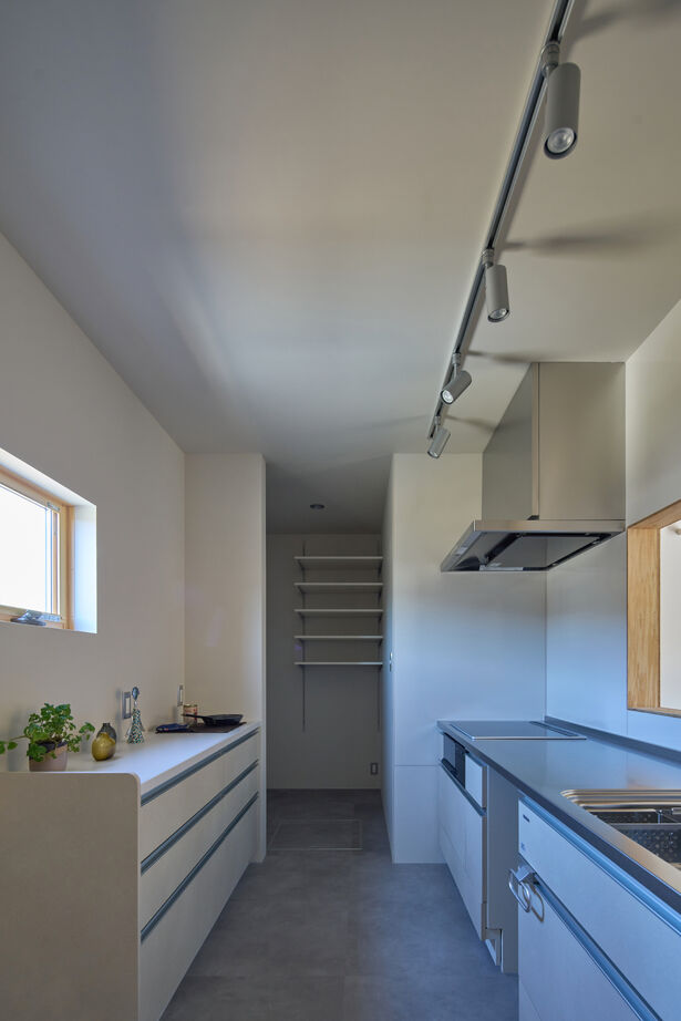 Tamada工房 【平屋/2人暮らし】合板×グレーの壁紙の内観。ガルバリウムで覆われたシンプルスタイリッシュな平屋の建築実例画像6