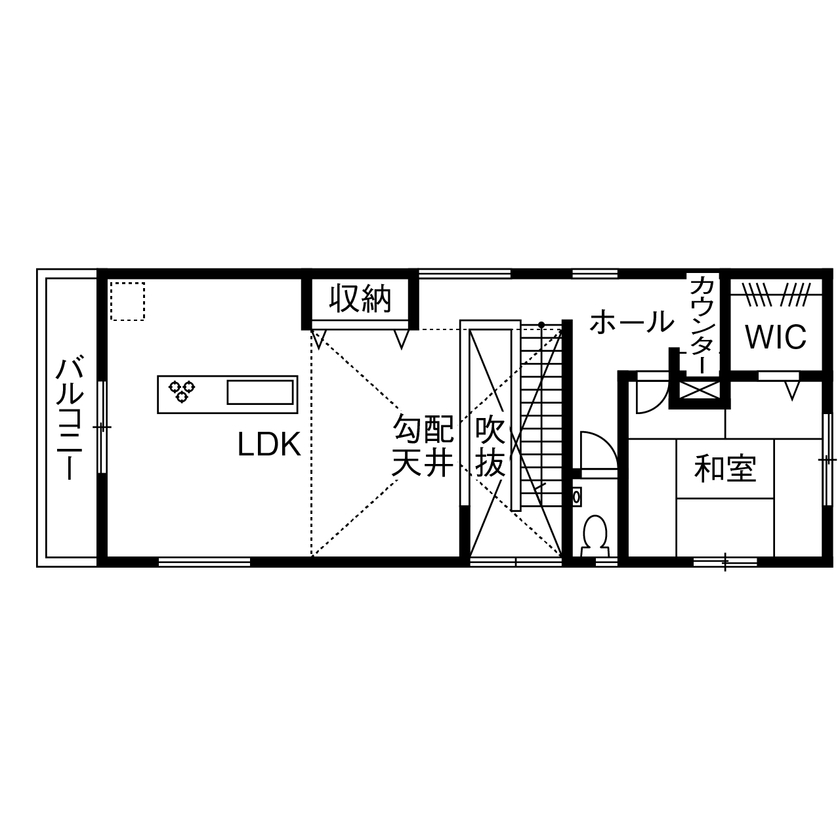 ゆめすみか（吉村一建設） 【2000万円前半/約35坪/堺市/間取り図有】全館空調が快適！勾配天井が開放的な、家事ラク動線も実現した家の間取り図（2LDK）2階